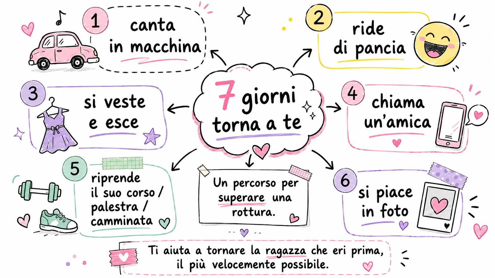 Supera La Rottura: in 7 giorni torna a te — canta in macchina, ride di pancia, si veste ed esce, chiama un'amica, riprende il suo corso, si piace in foto